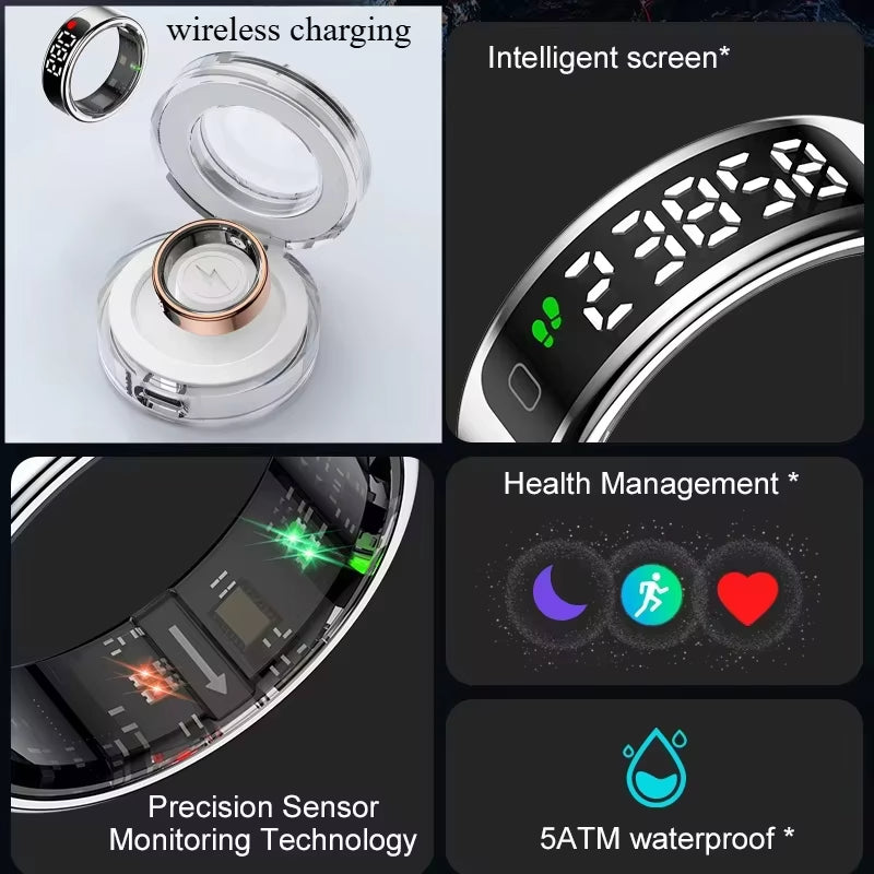 Smart Ring with Display and Touch, Wireless Charging, Health Manager 5ATM Waterproof Men's and Women's Ring