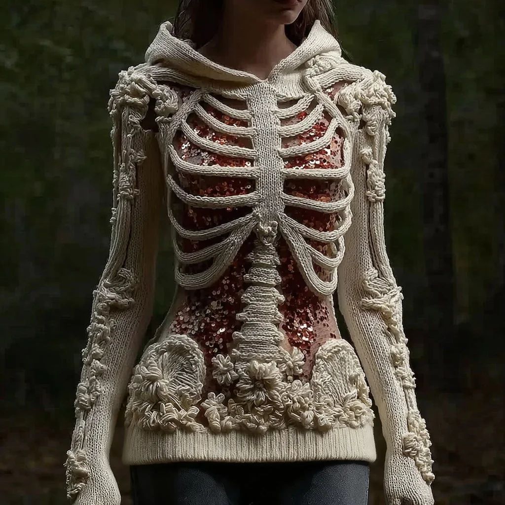 Free Shipping📦Halloween Skull Floral Knitted Warm Hooded Sweater