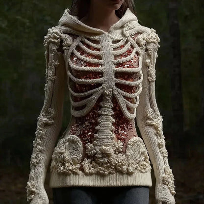 Free Shipping📦Halloween Skull Floral Knitted Warm Hooded Sweater