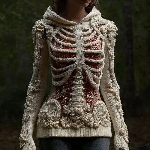 Free Shipping📦Halloween Skull Floral Knitted Warm Hooded Sweater