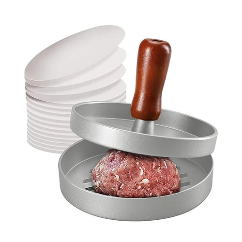 Hamburger patty press with 100 sheets of parchment paper.