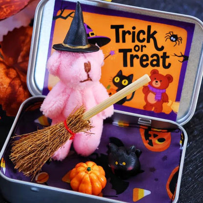🎃🧸Cute Halloween Teddy Bear in a Box with wizard hat, Broom, Pumpkin & Cat🌟👻