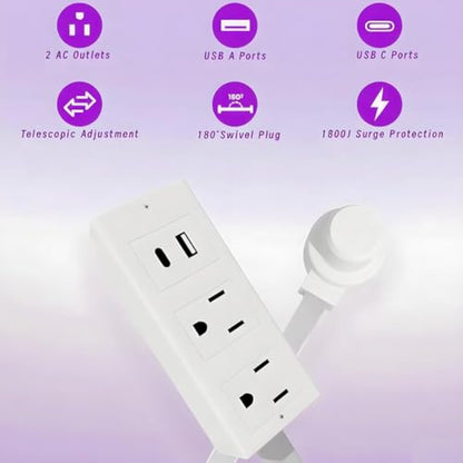 💥【Upgraded Version】Extendable 15.7-27.5 inches with extension pole, USB-A, USB-C and 2 AC power sockets with 180° rotation🔌